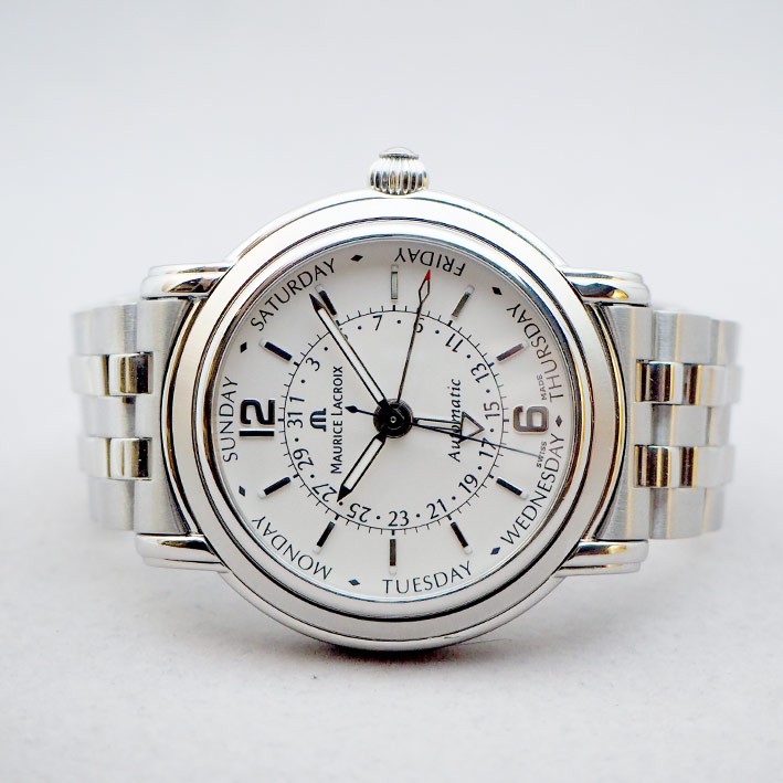 นาฬิกามือสอง ของแท้ MAURICE LACROIX Masterpiece Auto Day-Date ขนาด 40mm หน้าปัดบรอนซ์เงิน เดินเวลา 5 เข็ม