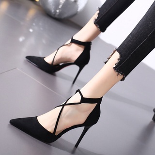 ใหม่ pointed toe stiletto รองเท้าผู้หญิงสีดำรองเท้าส้นสูง รองเท้าทำงาน 7-9cm