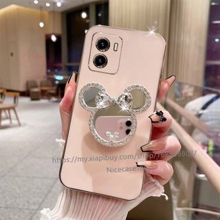 New Phone Case for OPPO A77s 2022 เคสโทรศัพท Shockproof Protective Soft Casing with Cartoon Mickey Mirror Holder Stand Phone Back Cover