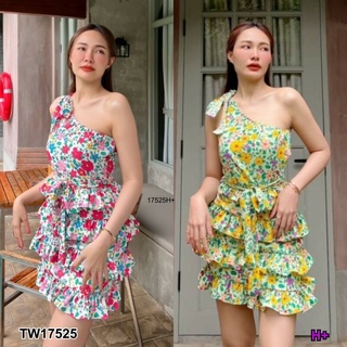 เดรสสั้นผูกไหล่เดียว แต่งระบายพิมลายดอกไม้ MM17525 One shoulder short dress decorated with floral print