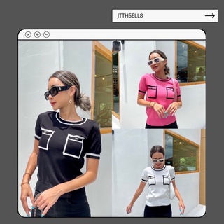 เสื้อคอกลมแขนสั้นเนื้อผ้า Knit เสื้อไหมพรมตีขอบ