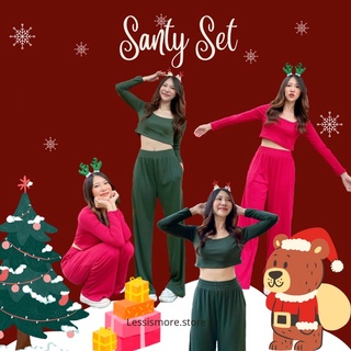 Santy set ชุดเซ็ต ธีมคริสมาส ผ้าร่อง เสื้อครอปแขนยาว+กางเกงเอวสูงขายาว