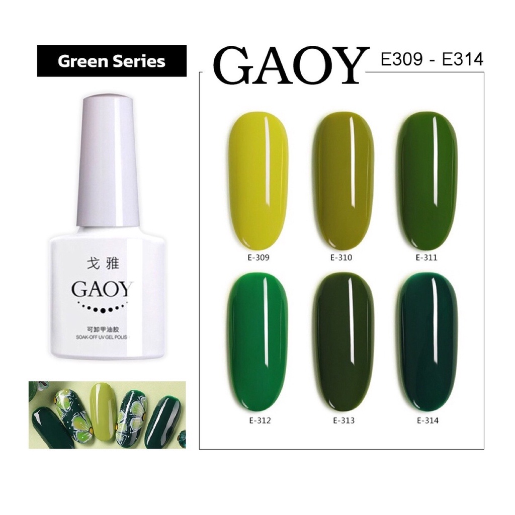 New สีเจล Gaoy 7.3ml.รหัสสี E309-314 เขียวละมุน สีเจลแท้จากโรงงานคุณภาพ เม็ดสีแน่นมาก (ต้องใช้เครื่องอบนะจ้ะ)