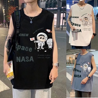 พร้อมส่ง M-3XL🌟เสื้อยืดแขนกุดทรงหลวมลําลองสไตล์เกาหลีฤดูร้อนสําหรับผู้ชาย คอลูกเรือ เสื้อยืด การ์ตูน เสื้อแขนกุดผู้ชาย
