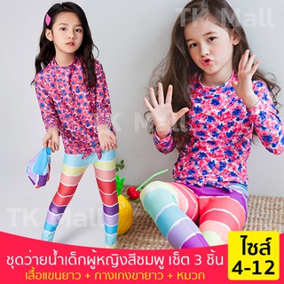 ชุดว่ายน้ำเด็กผู้หญิงสีชมพู เซ็ต 3 ชิ้น เสื้อแขนยาวแต่งปลายมัดตรงเอว กางเกงขายาว พร้อมหมวก #0213