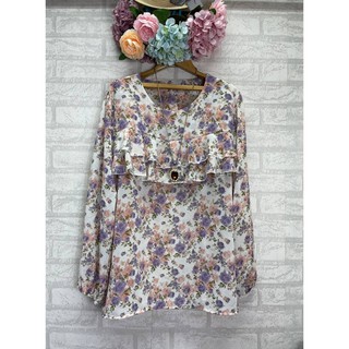 เสื้อแฟชั่นสาวอวบ คอกลม ระบายอกสองชั้น สวยเด่น ผ้าชีฟอง อก46นิ้ว (SKU 050)