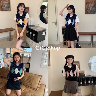 Cicishop(95007)เสื้อกั๊กไหมพรม มีดีเทลทอสลับสีลายข้าวหลามตัดตรงกลางเก๋ๆ ลุคสไตล์เกาหลี