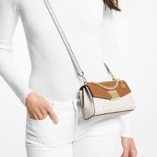 (ผ่อน0%) กระเป๋าสะพายข้าง Michael Kors Lita Small Two-Tone Logo and Leather Crossbody Bag 35H0GXPC1V vanilla ลายmk 8นิ้ว