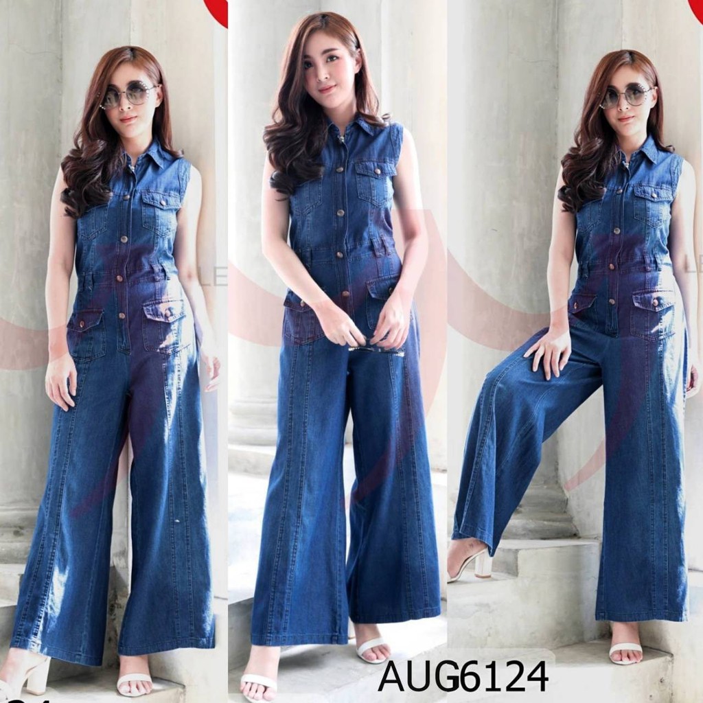 จั้มสูทยีนส์ขายาว แขนกุดมีกระเป๋า รหัส  AUG6124