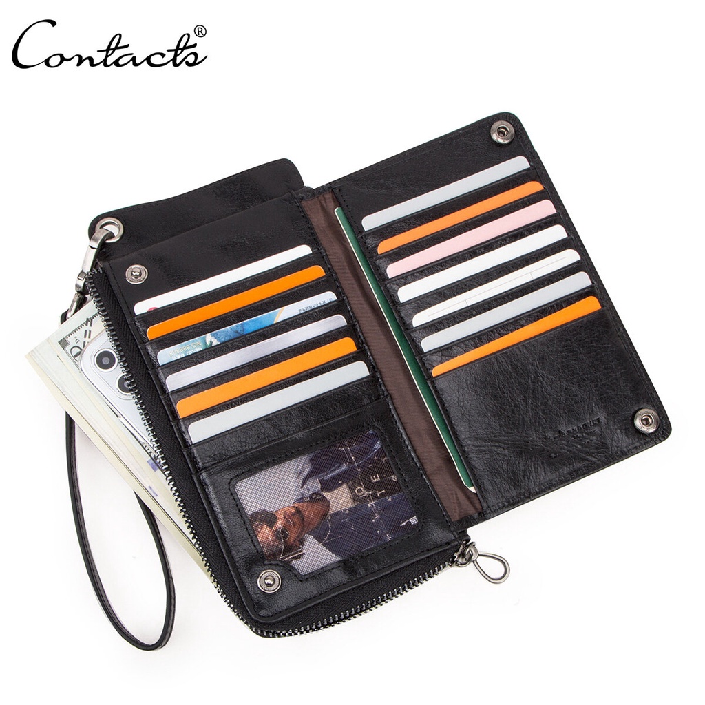 CONTACT'S กระเป๋าสตางค์ผู้ชายหนังแท้ใบยาวความจุขนาดใหญ่พร้อมสายคล้องข้อมือ