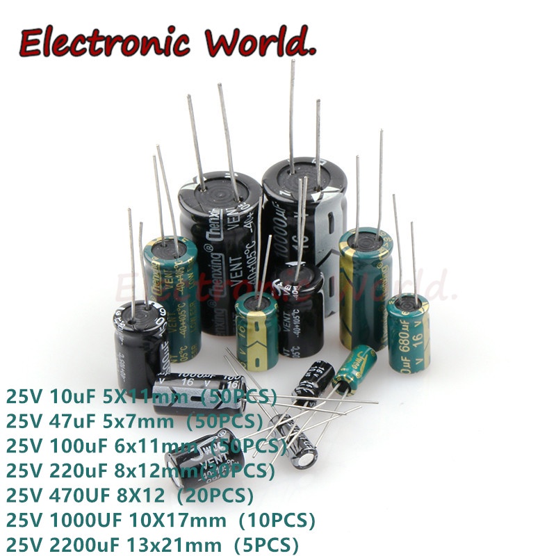25V In-Line อลูมิเนียม Electrolytic Capacitor ส่วนประกอบ 25V 10uF 47UF 100UF 220UF 470UF 1,000UF 220