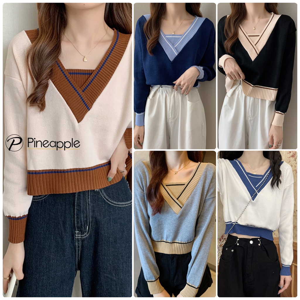 9313 เสื้อแฟชั่นหญิง เสื้อแขนยาว เสื้อไหมพรม สไตล์เรโทร Retro Style Contrasting Color Knitted Sweater