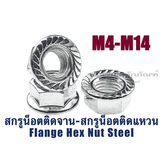 หัวน็อตติดจาน M4-M14 (แพ็คละ 10 ตัว) หัวน็อตติดแหวนชุบ ตัวเมียติดจาน ตัวเมียมีปีก ตัวเมียหัวทะลุ (Flange Hex Nut Steel)