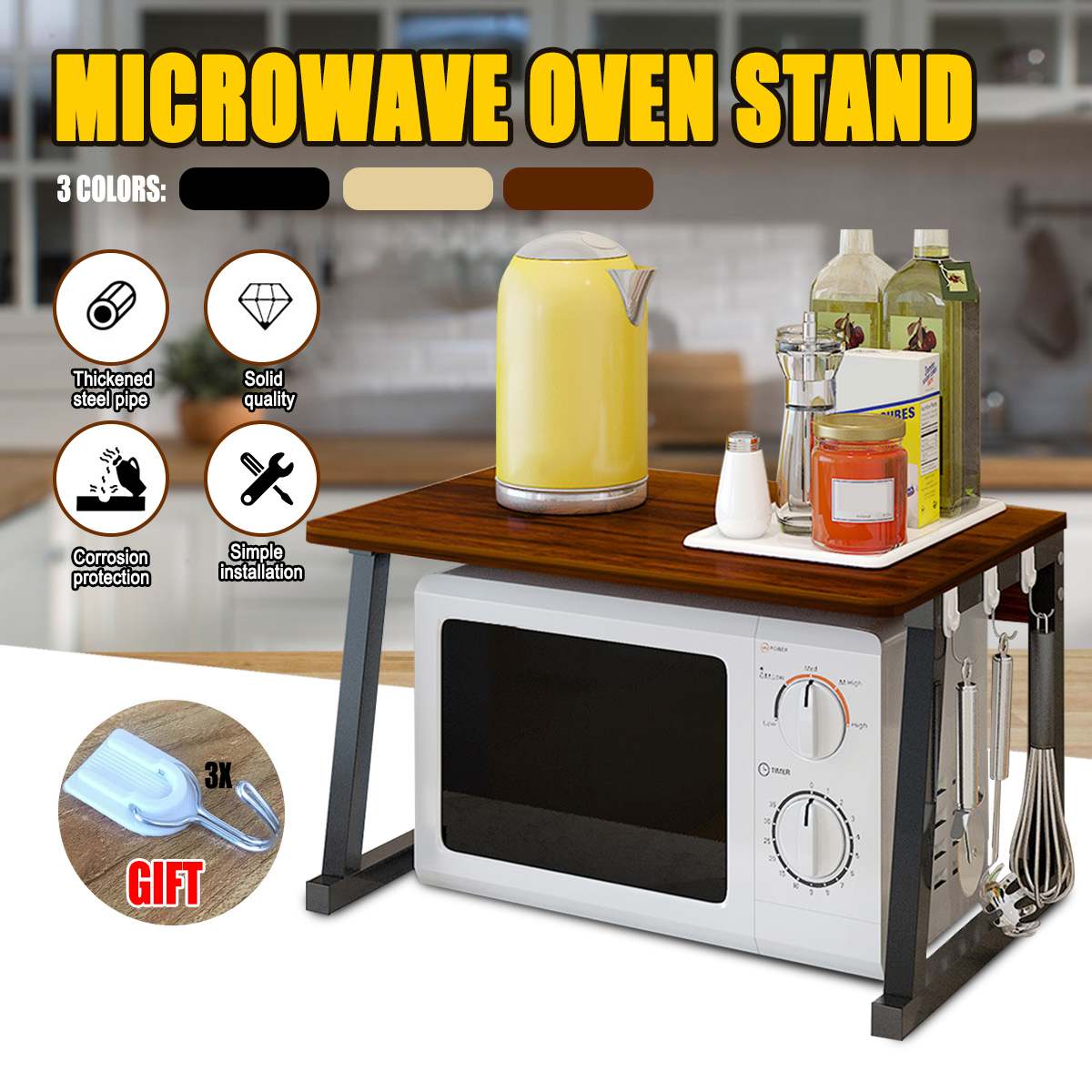 Home Microwave Oven Rack Kitchen Shelf Organizer Metal Wood Color