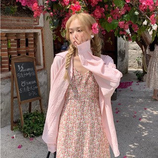 CHUUCHOP_พร้อมส่ง(C6613)(C6614)🌷🦩Fuscia dress &amp; shirts เดรสสายเดี่ยวลายดอกไม้ &amp; เสื้อเชิ้ตแขนยาวสีชมพูอ่อน (ขายแยกชิ้น)