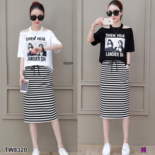 TwinsShopVip💗พร้อมส่ง TW8320 set เว้าไหล่สกรีนอก+กระโปรงริ้ว