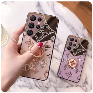 เคสโทรศัพท์ Samsung Galaxy S22 S21 Ultra S22+ S21+ Acrylic Hrad Case Ins Luxury Diamond Clover With Ring Bracket Casing Back Cover เคส GalaxyS22 S22Ultra GalaxyA03