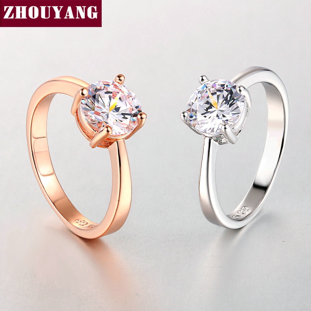ZHOUYANG แต่งงานสำหรับผู้หญิงสี่ Claw 8mm แหวนเพชร หมั้นกุหลาบสีขาวสีทอง Flashion เครื่องประดับเพื่อนสาวของขวัญ R333 R335 ราคา ถูกที่สุด ดีลบีเคเค แกลเลอรีภาพที่ 4