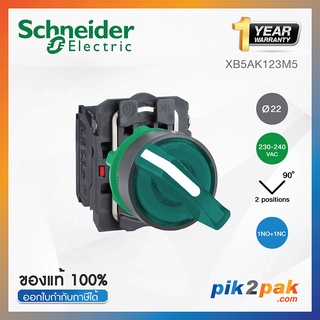 XB5AK123M5 สวิตซ์ซีเลคเตอร์มีไฟ 2 POS แบบค้าง Ø22mm พลาสติก สีเขียว 230-240VAC 1NO+1NC - Schneider