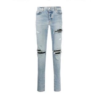 AMIRI Pale blue &amp; Cary Indigo (Supre Premuim) distressed skinny-fit jeans [กางเกงสลิมฟิตสวมเข้ารูป สีฟ้าอ่อน ผ้านิ่มมาก]