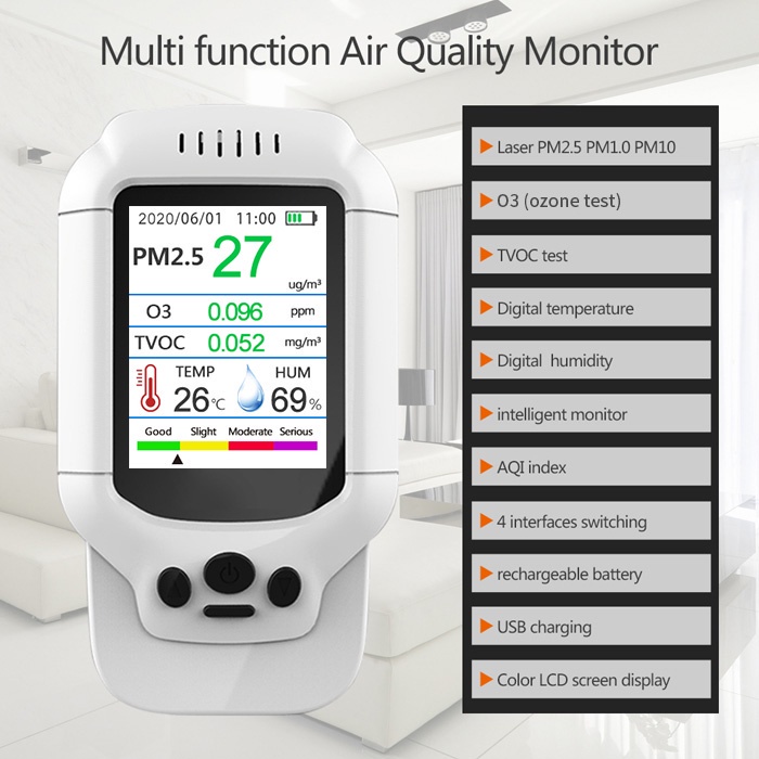 เครื่องตรวจจับโอโซน PM2.5 O3 TVOC เครื่องทดสอบคุณภาพอากาศ USB 2.8 หน้าจอ LCD คาร์บอนไดออกไซด์ ฟอร์มาลดีไฮด์ ฝุ่นหมอกควัน