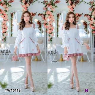 J15119 Dress เดรส ทรงเปิดไหล่ ติดดอกชมพู Off the shoulder dress with pink flowers