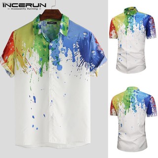 INCERUN เสื้อเชิ้ตคอปกแขนสั้นมีสีสันสำหรับผู้ชาย