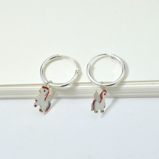 SILVER THAI White Enamel Unicorn Charm Hoop Earringsต่างหูห่วงใส่ได้ทั้งเด็กและผู้ใหญ่ใส่แล้วมีเสน่ห์ยูนิคอร์นเงินแท้925