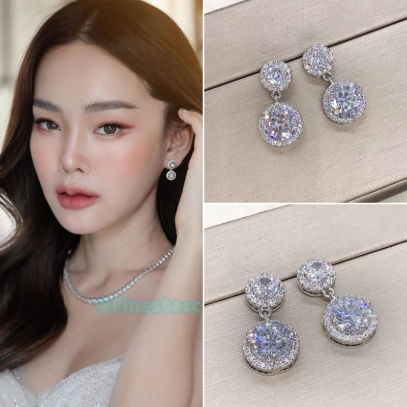 (สินค้าพร้อมส่ง ) ต่างหูเพชรห้อย cz แบบเม็ดกลมเหลี่ยมเกสร ล้อมเพชร ไล่ระดับ 2 เม็ด งานน่ารักๆ ต่างหูเจ้าสาวขนาดกลาง