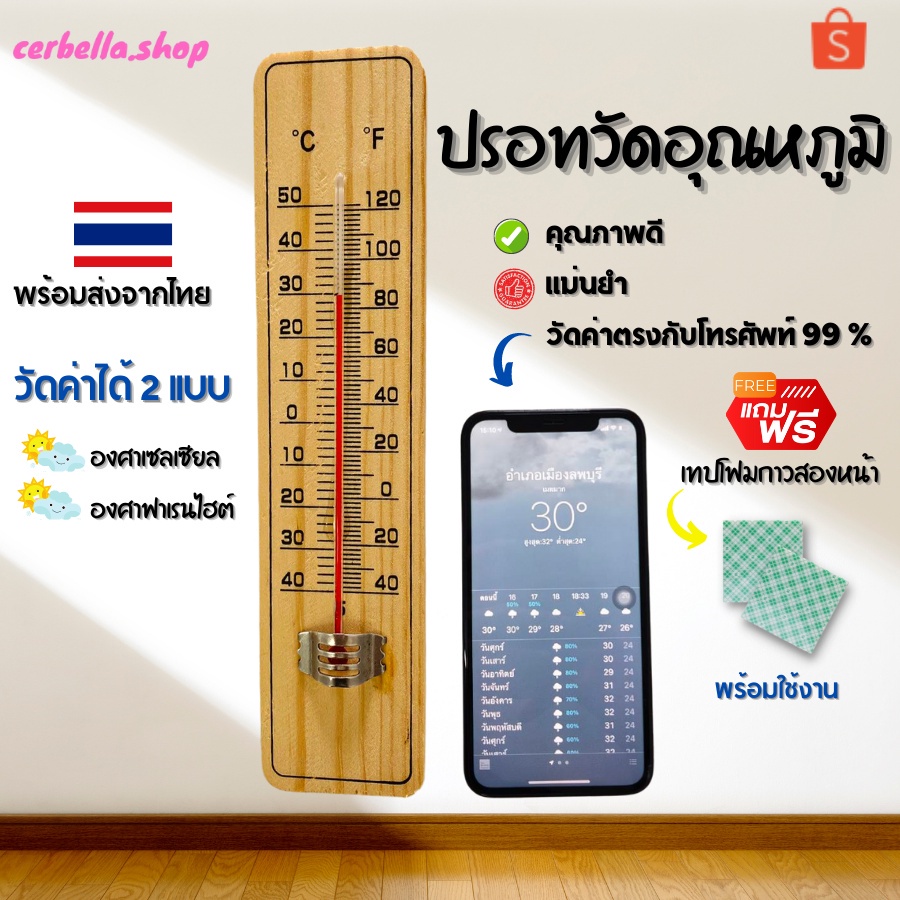 เทอร์โมมิเตอร์ ที่วัดอุณหภูมิ เทอร์โมมิเตอร์ไม้ Thermometer ปรอทวัดอุณหภูมิห้อง
