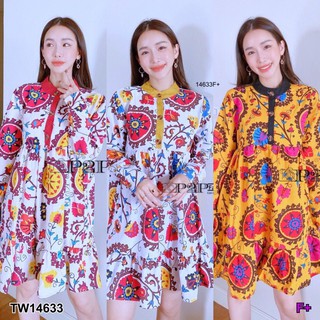 👗Pfashion [ส่งไว!!🚛] P14633 	เดรสคอจีนแขนยาวลายกราฟฟิก