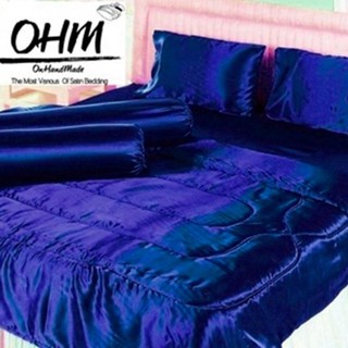 OHM ผ้าปูที่นอน ผ้าเครปซาติน 220 เส้น ขนาด 5 ฟุต 5 ชิ้น (สีน้ำเงิน)