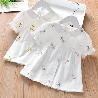 Kids Girls White Blouse Children Shirt Sleeve Flowers Shirts