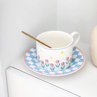 (พร้อมส่ง) เซ็ทแก้วกาแฟ พร้อมจานรอง ลายดอกทิวลิป