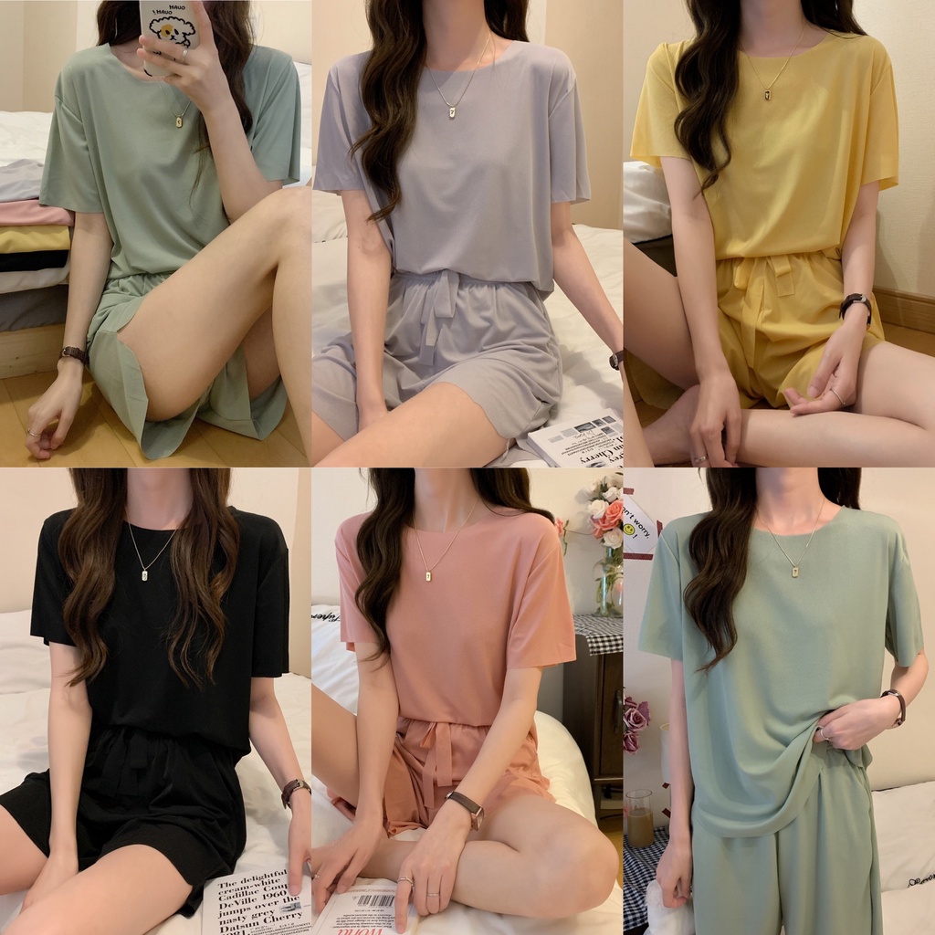 #ขายส่ง#ใหม่หญิงสบายๆผ้าไหมน้ำแข็งแขนสั้นสีทึบหลวมแฟชั่นกางเกงขากว้างหญิง Xiaogang น้องสาวนุ่มและนุ่ม suit
