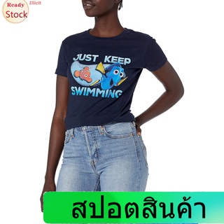 เสื้อยืดกีฬา Disney Womens Finding Dory Just Keep Swimming Graphic Crew T-Shirt Mens Womens T-shirts