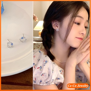 ต่างหูเข็มเงิน S925 ประดับเพทาย สีฟ้า สไตล์เกาหลี สําหรับผู้หญิง COCOJEWELRY