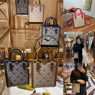 F.A ว่าแท้100% TORY BURCH T MONOGRAM JACQUARD TOTE BAG New Canvas Ladies Shoulder Small Square Bag crossbody bag 87146