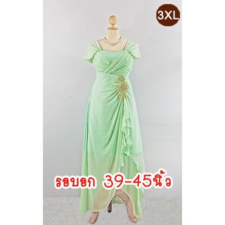 E1713-3-3XL-ชุดราตรียาวคนอ้วน สีเขียวมินท์ ผ้าชีฟอง มีแขนปล่อยคลุมลงมา ประดับลูกไม้ทองช่วงใต้อก