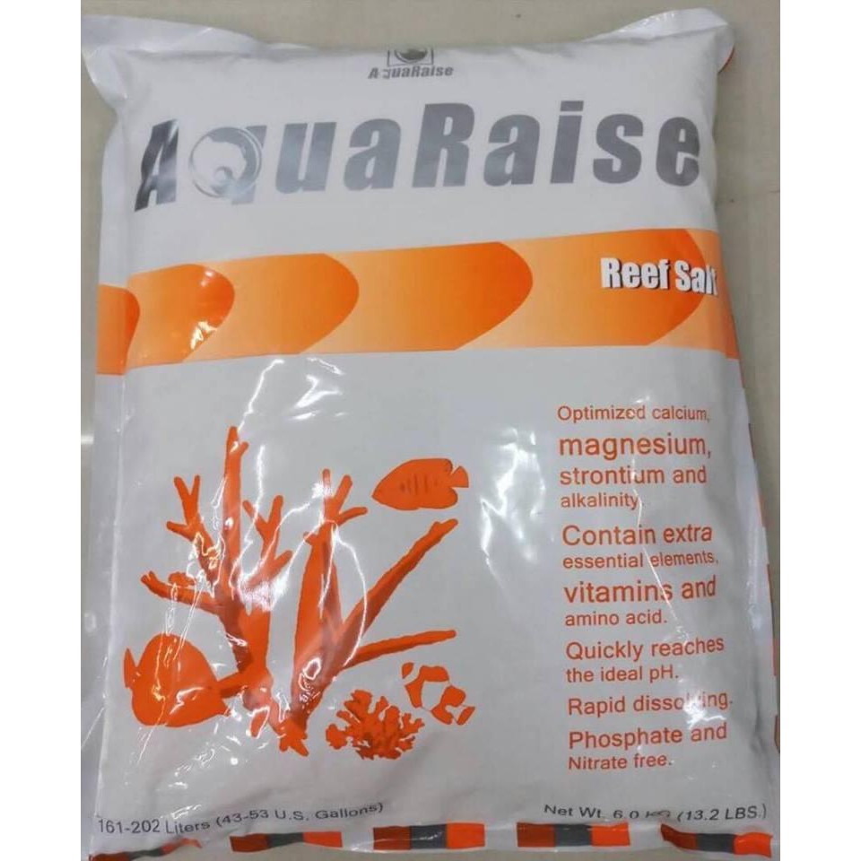 เกลือ Aquaraise Reef salt 6.0 kg. (สูตรปรับปรุงใหม่) ถุงใหญ่สีส้ม สำหรับน้ำไม่เกิน 161-202 ลิตร