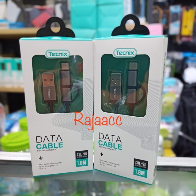 TECNIX CBL-911 2 in 1 DATA CABLE สําหรับ MICRO + TYPE C QUICK CHARGING 3.1A 1M การรับประกันอย่างเป็น