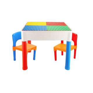 โต๊ะตัวต่อบล็อคตัวต่อเสริมพัฒนาการ 2in1พร้อมเก้าอี้มีพนักพิง 2 ตัวมีช่องเก็บอุปกรณ์ พื้นโต๊ะ2ด้านปรับเป็นโต๊ะและเพลทLego