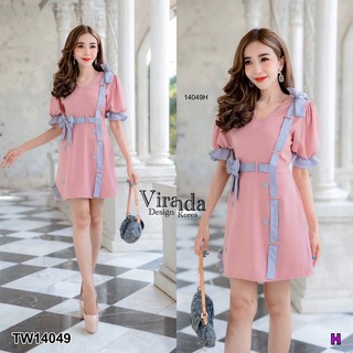 MF14049 Dress เดรสชมพู แขนพอง สม้อคปลายแขน แต่งสายสอดเชือก เอว ไหล่ แต่งผูกโบว์ เก๋ๆ ติดดอก งานน่ารัก เนื้อผ้าซาร่า งานข