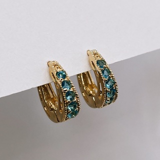 Aqua Blue Pavé CZ Huggies, 18K Gold Plated Sterling Silver Earrings E0141 | เงินแท้ 925 ชุบทองเเท้ 18 กะรัต