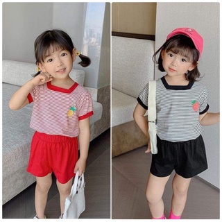🧚‍♀️PlanShop🧚‍♀️พร้อมส่ง🌈ชุดเซ็ทเด็กผู้หญิง เสื้อแขนสั้น กางเกงขาสั้น ลายริ้ว ผ้า cotton ยืดนิ่ม