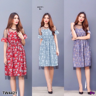 👗Pfashion [ส่งไว!!🚛] P4421 เดรสสายเดี่ยวตาข่ายมุ้งลายดอก One-shoulder mesh dress with floral pattern