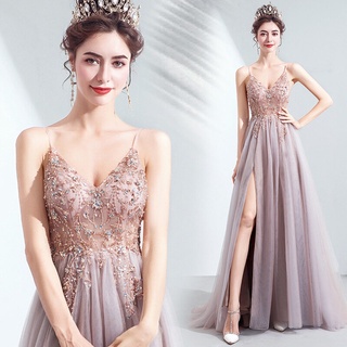 ชุดราตรียาว ผ่าข้างสูง สีชมพู สไตล์หรูหรา เหมาะกับใส่ไปงานปาร์ตี้ งานแต่งงาน สําหรับผู้หญิง