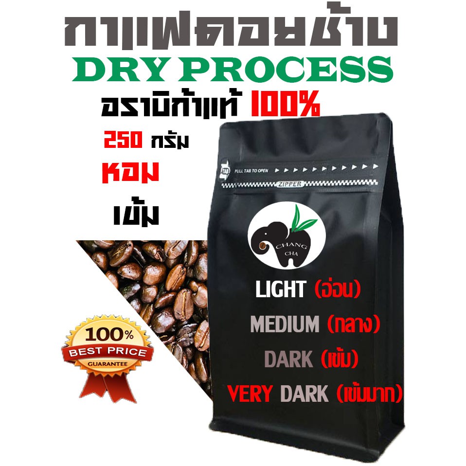 !! DRY PROCESS!! เมล็ดกาแฟอราบิก้า 100% คั่วอ่อน/คั่วกลาง/คั่วเข้ม/คั่วเข้มมาก  บรรจุถุงซิปล็อคติดวาล์ว 250 กรัม