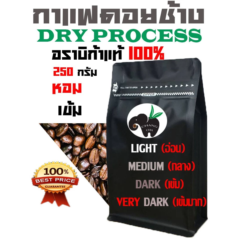 !! DRY PROCESS!! เมล็ดกาแฟอราบิก้า 100% คั่วอ่อน/คั่วกลาง/คั่วเข้ม/คั่วเข้มมาก บรรจุถุงซิปล็อคติดวาล์ว 250 กรัม