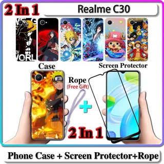 2 IN 1 เคส Realme C30 พร้อมกระจกนิรภัยโค้ง ป้องกันหน้าจอเซรามิค นารูโตะ และการออกแบบ One Piece